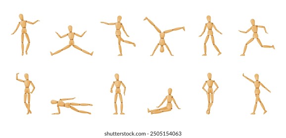 Wood man model. Dolls for artists with movable limbs. Wooden manikin different gestures and body actions. Marionettes snugly vector collection