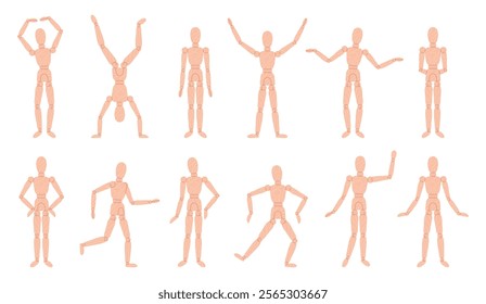 Wood man model. Wooden manikin in different active poses. Figure for art painters, artists, home decor. Puppet doll, marionette model racy vector set