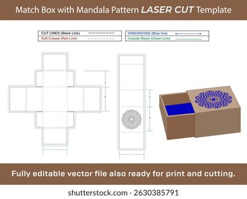 Wood Match Box Dieline Template with Mandala pattern