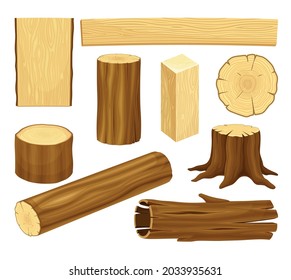 Wood Material with Log, Tree Stump and Plank Vector Set