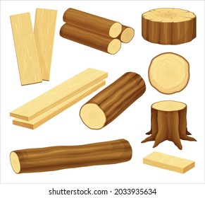 Wood Material with Log, Tree Stump and Plank Vector Set