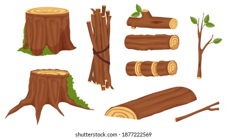 Wood material and made wood products. Wooden logs for the timber and timber industry. Trunks, stumps and planks illustration. Wooden elements, logs and tree trunks. Vector illustration