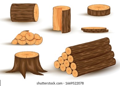 Wood material and manufactured products set with tree trunk branches planks. Vector isolated set