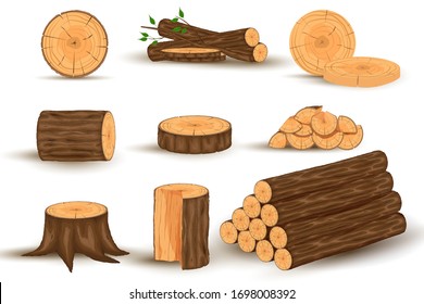 Wood material and manufactured products set with tree trunk branches planks. Vector isolated set