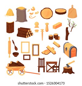 Wood material and products, tree trunks, bark, wood kitchen utensils, branches, planks, wooden furniture, chest, shavings. Logs and boards for the forest industry set cartoon vector illustration