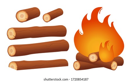 Wood material, vector set of wood logs, planks and bonfire isolated on white