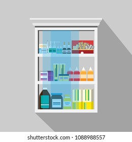 Wood Medicine Cabinet Inside Have Many Medicine On The White Background.Vector Flat Illustration