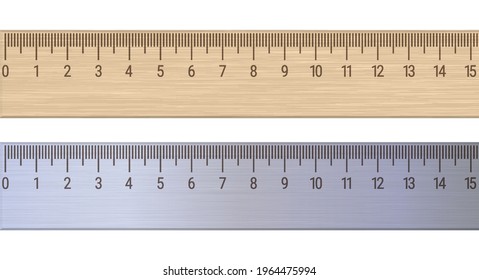 Wood and metal rulers. Measuring ruler 15 centimeters. 3D realistic vector illustration isolated on white background.