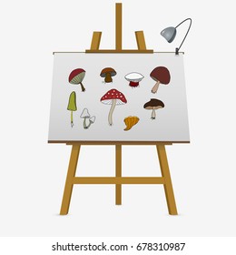 Wood mushrooms set. Hand drawn vector illustration on easel