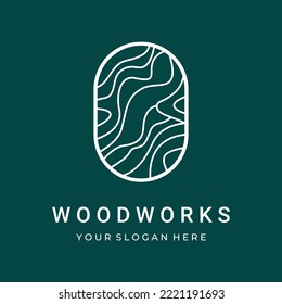 Wood and natural fiber logo design, carpenter and wood planks with saw craftsman tools.