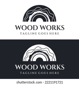 Wood and natural fiber logo design, carpenter and wood planks with saw craftsman tools.