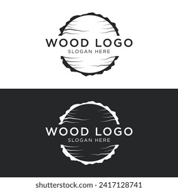 Wood and natural fiber logo design, carpenter and wood planks with saw craftsman tools.