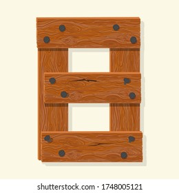 Wood number eight, wooden plank numeric digit font made from planks held with nails. Textured brown oak character. Vector