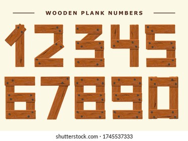 Wood number set, wooden plank numeric font held with nails. Vector