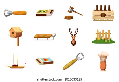 Wood object icon set. Cartoon set of wood object vector icons for web design isolated on white background