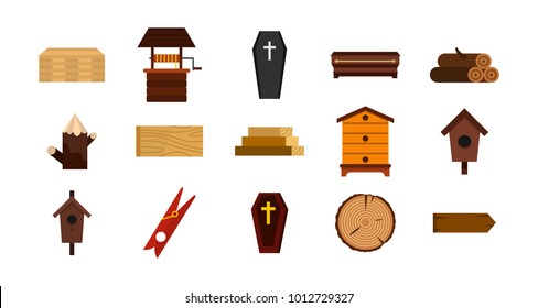 Wood object icon set. Flat set of wood object vector icons for web design isolated on white background