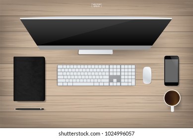 Wood office table with computer and office supplies. Top view of working area space for template design. Vector illustration.