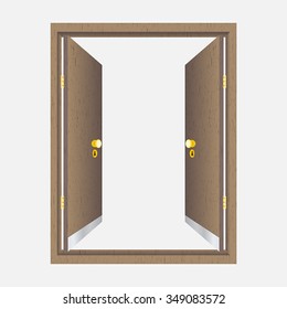 Wood open door with frame. Isolated on background