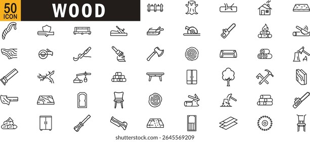 Wood outline icon set. Carpentry, timber, furniture, chopping, wood working and more.
