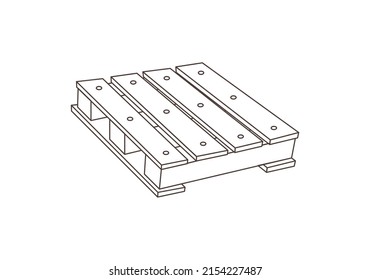 Wood pallet or tray from angle view, outline icon, vector illustration isolated on white background. Empty platform for transportation or storing of goods.