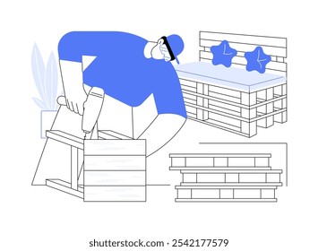 Ilustraciones vectoriales de dibujos animados aislados de muebles de paletas de madera. Hombre que hace muebles hechos a mano, taller de creación de paletas de madera DIY, actividad práctica, proceso de reciclaje de dibujos animados de Vector.