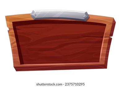 Wood panel with metal border, frame in cartoon style isolated on white background. Signboard bar, menu template, game ui background.