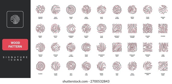 Patrón de madera, anillos anuales de árbol de bosque, líneas onduladas y curvas de tablero o conjunto de iconos de corte de tronco. Textura de madera, forma circular y cuadrada del mapa topográfico delgado Ilustración vectorial de símbolos de contorno negro