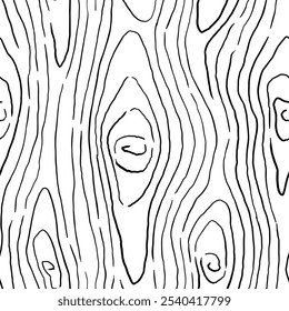 Plano de fundo padrão de madeira. Textura sem emenda de madeira. Textura de grãos de madeira. Padrão ondulado sem emenda. Fundo de madeira desenhado à mão. Fundo Abstrato Cinza. Ilustração de vetor em preto e branco.