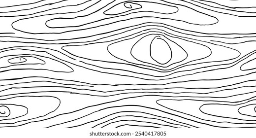 Plano de fundo padrão de madeira. Textura sem emenda de madeira. Textura de grãos de madeira. Padrão ondulado sem emenda. Fundo de madeira desenhado à mão. Fundo Abstrato Cinza. Ilustração de vetor em preto e branco.