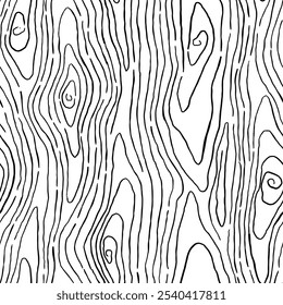 Plano de fundo padrão de madeira. Textura sem emenda de madeira. Textura de grãos de madeira. Padrão ondulado sem emenda. Fundo de madeira desenhado à mão. Fundo Abstrato Cinza. Ilustração de vetor em preto e branco.