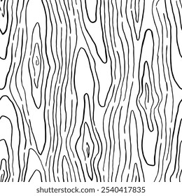 Plano de fundo padrão de madeira. Textura sem emenda de madeira. Textura de grãos de madeira. Padrão ondulado sem emenda. Fundo de madeira desenhado à mão. Fundo Abstrato Cinza. Ilustração de vetor em preto e branco.