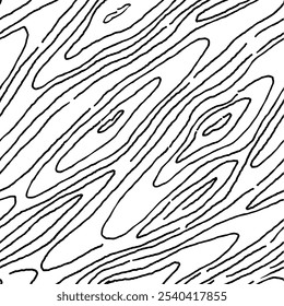 Plano de fundo padrão de madeira. Textura sem emenda de madeira. Textura de grãos de madeira. Padrão ondulado sem emenda. Fundo de madeira desenhado à mão. Fundo Abstrato Cinza. Ilustração de vetor em preto e branco.