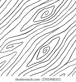 Plano de fundo padrão de madeira. Textura sem emenda de madeira. Textura de grãos de madeira. Padrão ondulado sem emenda. Fundo de madeira desenhado à mão. Fundo Abstrato Cinza. Ilustração de vetor em preto e branco.