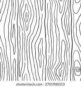 Plano de fundo padrão de madeira. Textura sem emenda de madeira. Textura de grãos de madeira. Padrão ondulado sem emenda. Fundo de madeira desenhado à mão. Fundo Abstrato Cinza. Ilustração de vetor em preto e branco.