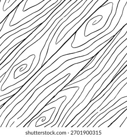 Plano de fundo padrão de madeira. Textura sem emenda de madeira. Textura de grãos de madeira. Padrão ondulado sem emenda. Fundo de madeira desenhado à mão. Fundo Abstrato Cinza. Ilustração de vetor em preto e branco.