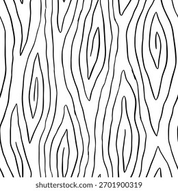 Plano de fundo padrão de madeira. Textura sem emenda de madeira. Textura de grãos de madeira. Padrão ondulado sem emenda. Fundo de madeira desenhado à mão. Fundo Abstrato Cinza. Ilustração de vetor em preto e branco.