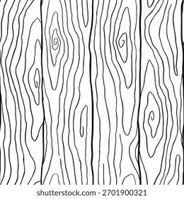 Plano de fundo padrão de madeira. Textura sem emenda de madeira. Textura de grãos de madeira. Padrão ondulado sem emenda. Fundo de madeira desenhado à mão. Fundo Abstrato Cinza. Ilustração de vetor em preto e branco.