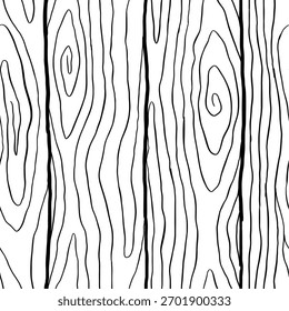 Plano de fundo padrão de madeira. Textura sem emenda de madeira. Textura de grãos de madeira. Padrão ondulado sem emenda. Fundo de madeira desenhado à mão. Fundo Abstrato Cinza. Ilustração de vetor em preto e branco.