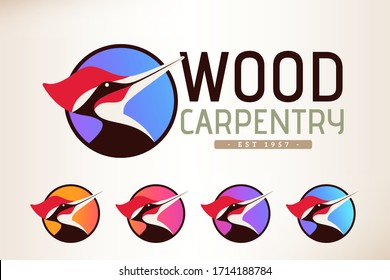 Wood pecker best original logo design gradient effect elements sign symbol inspiration and concept for wood, carpentry, construction and woodpecker - Vector woodworking creative emblem stamp carpenter