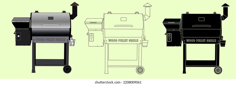 Wood Pellet Grill,outline And Silhouette,Wood Pellet Grill Flat Style.Wood Pellet Grill And Smoker With Temperature Control.