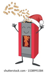 Wood pellet stove cartoon with Santa claus hat 