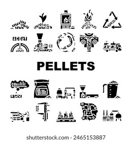 wood pellets eco energy icons set vector. ecological environment, falling, fire firewood, flaming flowing, fossil fuel granule wood pellets eco energy glyph pictogram Illustrations