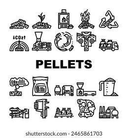 wood pellets eco energy icons set vector. ecological environment, falling, fire firewood, flaming flowing, fossil fuel granule wood pellets eco energy black contour illustrations