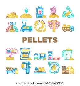 wood pellets eco energy icons set vector. ecological environment, falling, fire firewood, flaming flowing, fossil fuel granule wood pellets eco energy color line illustrations