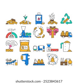 aglomerados de madeira ícones de energia ecológica definir vetor. ambiente ecológico, queda, lenha de fogo, fluxo de chamas, combustível fóssil granulado madeira pellets cor de energia ecológica Contorno Ilustrações