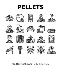 wood pellets timber plywood icons set vector. chip granule, energy fuel, tree panel, biomass pulp, alternative paper, cardboard wood pellets timber plywood black contour illustrations