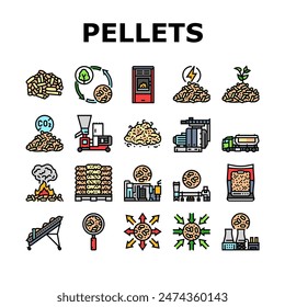 wood pellets timber plywood icons set vector. chip granule, energy fuel, tree panel, biomass pulp, alternative paper, cardboard wood pellets timber plywood color line illustrations