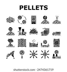 wood pellets timber plywood icons set vector. chip granule, energy fuel, tree panel, biomass pulp, alternative paper, cardboard wood pellets timber plywood glyph pictogram Illustrations