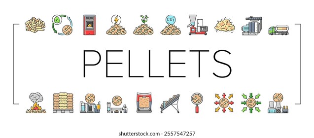 wood pellets timber plywood icons set vector. chip granule, energy fuel, tree panel, biomass pulp, alternative paper, cardboard wood pellets timber plywood color line illustrations