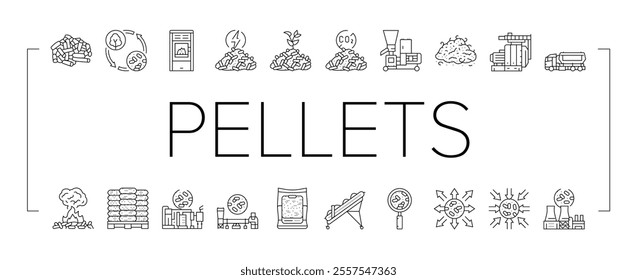 wood pellets timber plywood icons set vector. chip granule, energy fuel, tree panel, biomass pulp, alternative paper, cardboard wood pellets timber plywood black contour illustrations